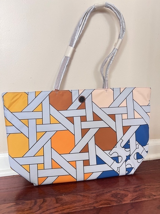 Handbags - TORY BURCH • Nylon Patterned Multicolor Tote Bag - Yellow, Orange, Brown, Blue